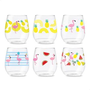 tossware pop 14oz vino let's fla-mingle series, set of 6, premium quality, recyclable, unbreakable & crystal clear plastic printed glasses