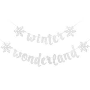 snowflake winter wonderland banner - silver glittery winter wonderland snowflake decorations, winter wonderland snow frozen christmas themed birthday party decorations supplies
