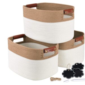 naturaclo cotton rope storage basket set of 3 | decorative woven basket w/leather basket handles & chalk tags |woven baskets for storage, baby diapers and toy organizer | size: 15' x 10' x 9' inches