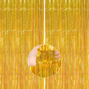 partywoo foil curtain gold, 2 pcs 3.3x6.6 ft gold streamers, tinsel curtains, fringe backdrop, tinsel backdrop for birthday party, christmas photo backdrop