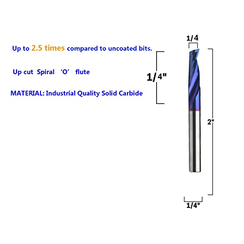 1/4" Diameter O Single Flute Upcut Spiral End Mill CNC Router Bit with NACO Coating - 1/4" Shank Plastic Cutting 1/4 D x 1 CH x 1/4 SHK x 2-1/2 Inch Long with Mirror Finish UT144