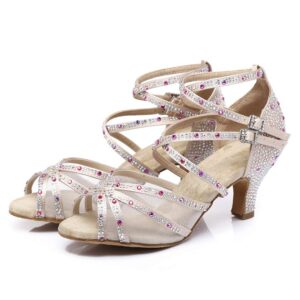 JUODVMP Women's Satin with Rhinestones Multi-Straps Braided Cross-Strap Latin Salsa Dance Performance Shoes Model L373,Beige,2 1/3 inches Heel,7.5 US