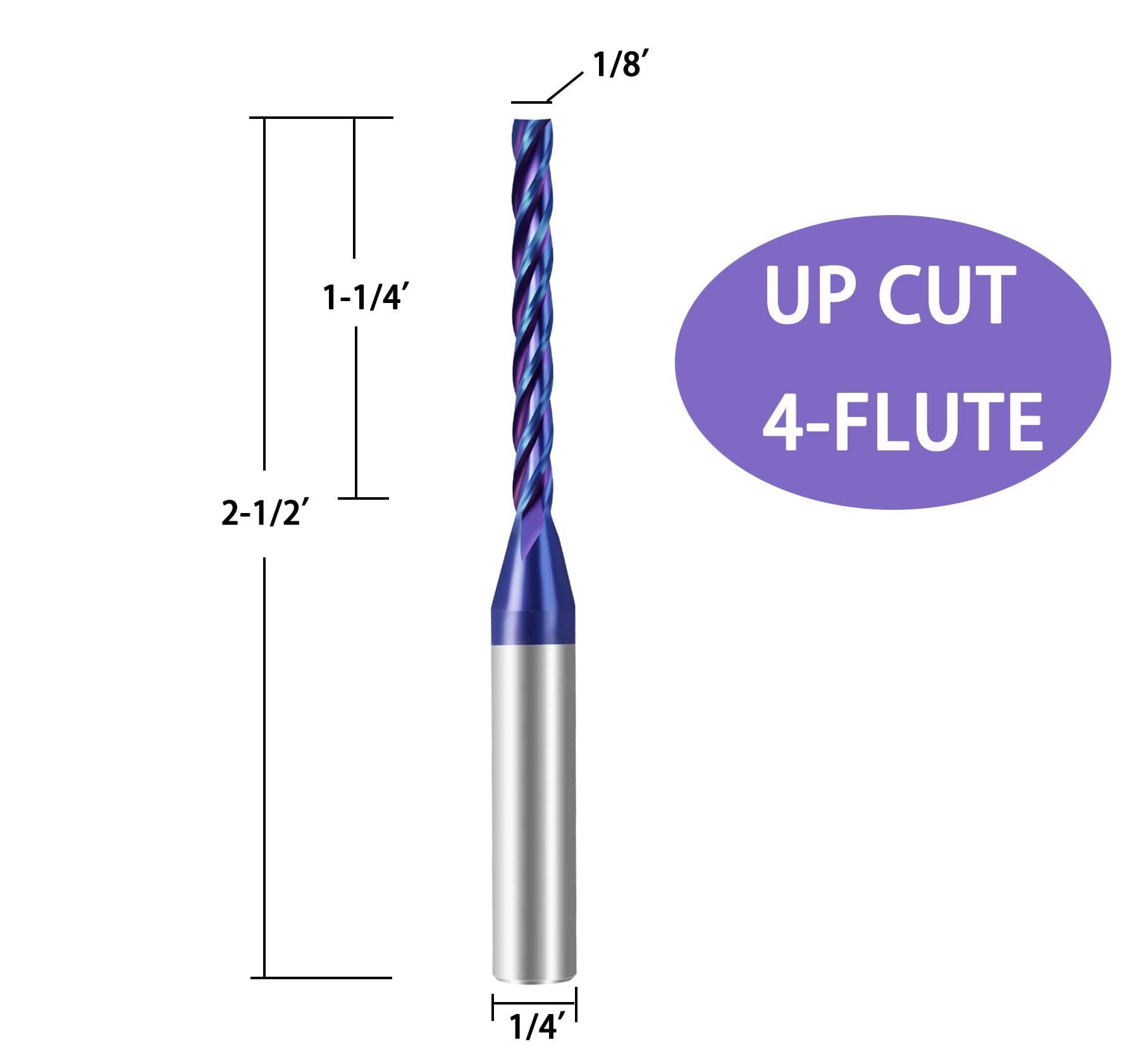 XUANFENG 4 Flutes NACO Coating Up Cut Spiral CNC Router Bit 1/4 inch Shank, 1/8 inch Cutting Diameter End Mill for 2D 3D Wood Cut, Carving Size: 1/8x1-1/4x 2-1/2" Shank 1/4" STF445