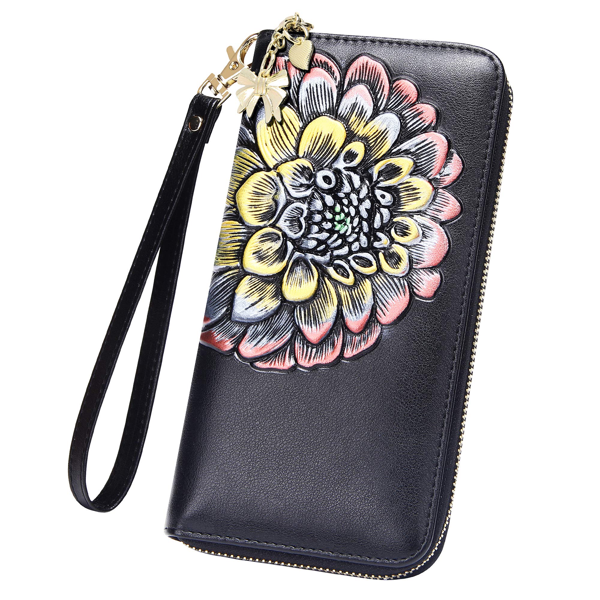 FEITH&FELLY Women RFID Blocking Wallet Embossed Genuine Leather Wristlet Clutch Purse Handbag