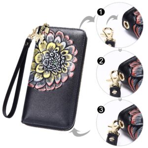 FEITH&FELLY Women RFID Blocking Wallet Embossed Genuine Leather Wristlet Clutch Purse Handbag