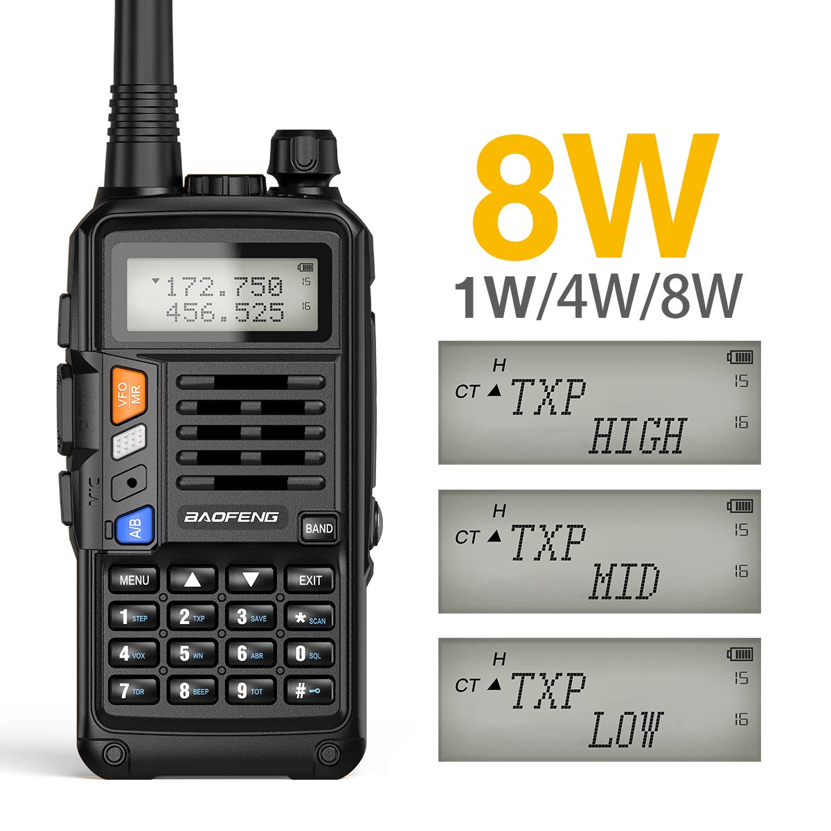 Baofeng UV-5R Upgraded Ham Radio Handheld Two Way Radio UV-S9 Plus 8W Long Range UV5R Portable Rechargeable Walkie Talkie with USB Charger Cable (Black)