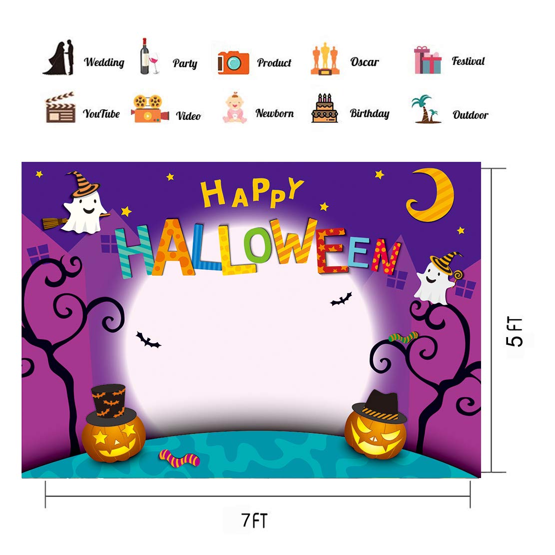 CHAIYA 7x5ft Halloween Backdrop Cartoon Halloween Photo Backdrop Pumpkin Moon Photography Backdrops Happy Halloween Party Decorations Cake Table Banner CY-137