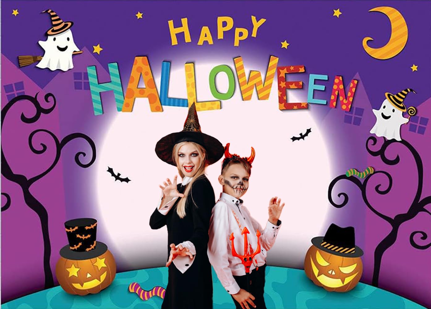 CHAIYA 7x5ft Halloween Backdrop Cartoon Halloween Photo Backdrop Pumpkin Moon Photography Backdrops Happy Halloween Party Decorations Cake Table Banner CY-137