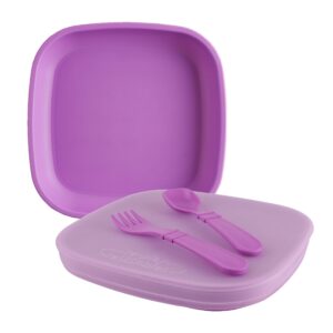 re-play -made in usa - 5 piece toddler feeding set flat plate, silicone storage lid, utensils - made from environmentally friendly recycled milk jugs - purple