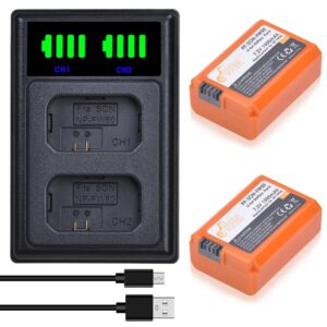 pickle power np-fw50 battery and led display charger for sony a6500 a6400 a6300 a6000 a5000, a7 a7ii a7rii a7sii a7s a7s2 a7r a7r2, rx10,nex-3/5/7 series cameras