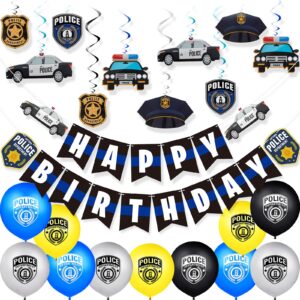 32 pieces police birthday party decorations set police party swirls set including 20 police party latex balloons 2 police banners 10 police hanging swirls for police themed birthday party