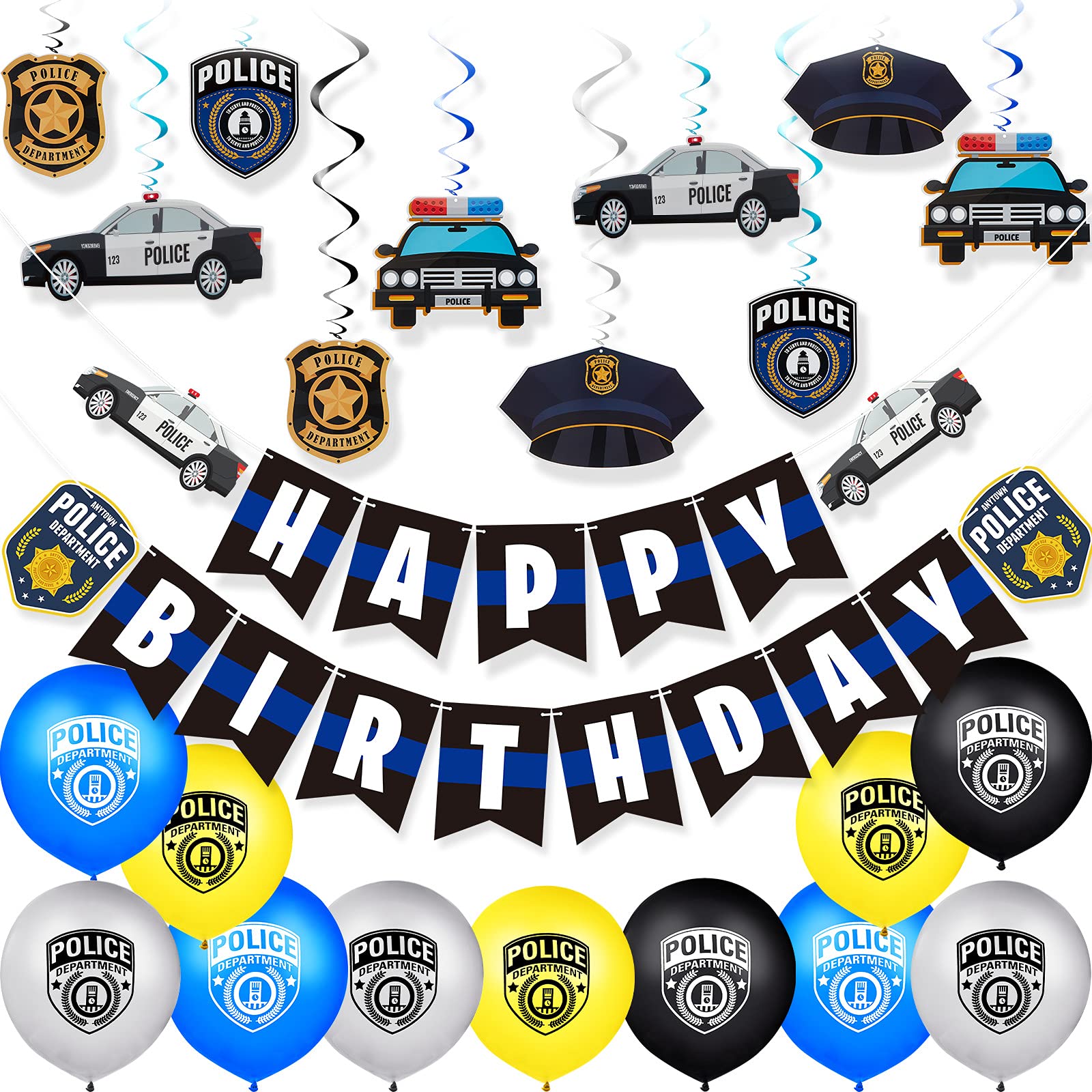 32 Pieces Police Birthday Party Decorations Set Police Party Swirls Set Including 20 Police Party Latex Balloons 2 Police Banners 10 Police Hanging Swirls for Police Themed Birthday Party