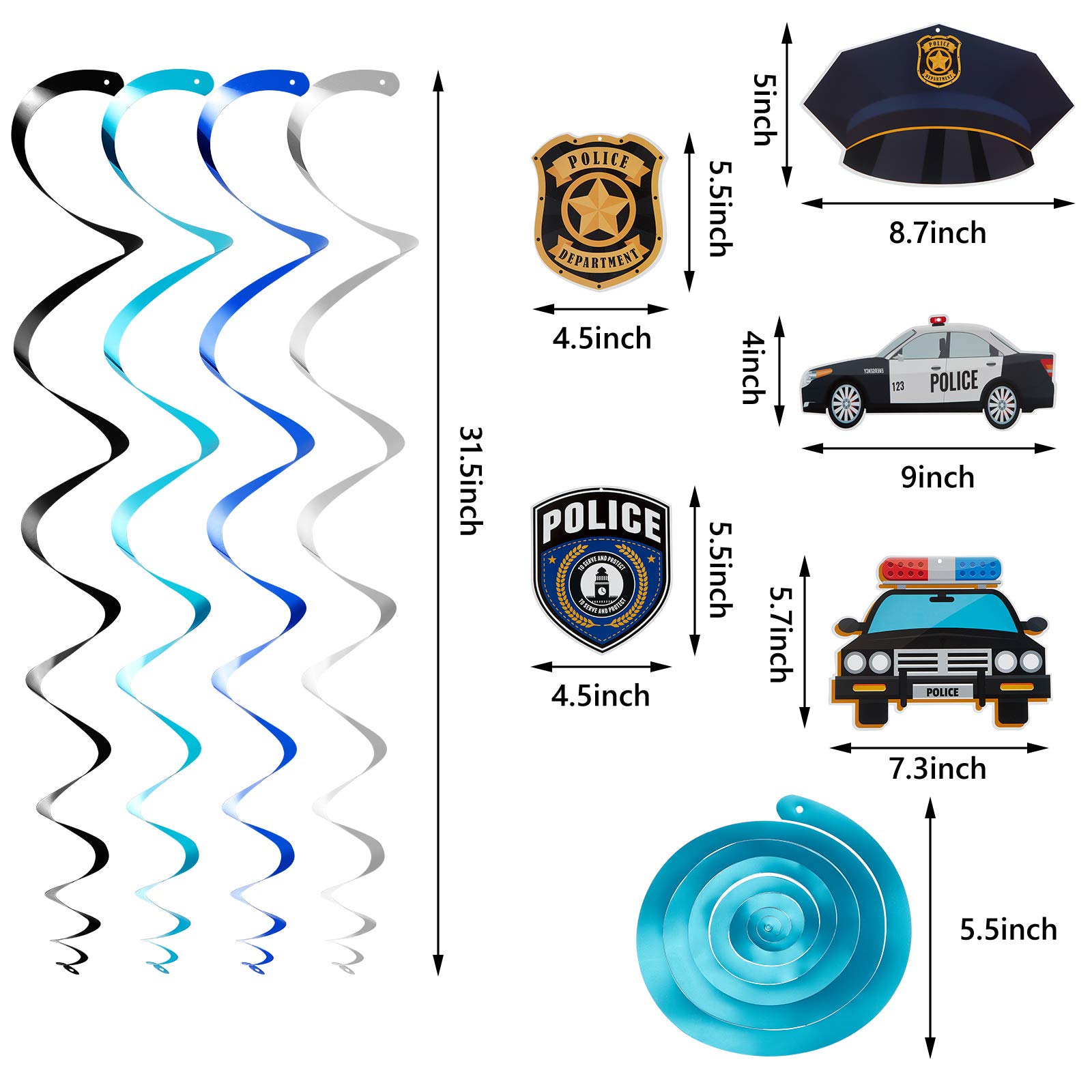 32 Pieces Police Birthday Party Decorations Set Police Party Swirls Set Including 20 Police Party Latex Balloons 2 Police Banners 10 Police Hanging Swirls for Police Themed Birthday Party