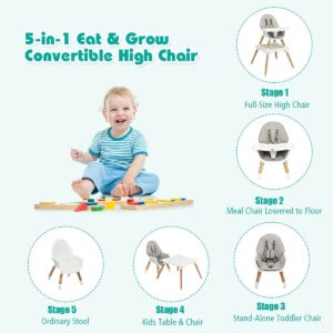 HONEY JOY Baby High Chair, 5-in-1 Convertible Wooden Highchair for Babies and Toddlers/Table and Chair Set/Booster Seat/Toddler Chair with Safety Harness, 4-Position Removable Feeding Tray (Gray)