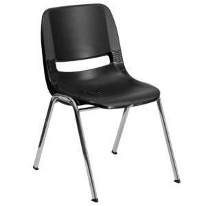 BizChair Kid's Black Ergonomic Shell Stack Chair - Chrome Frame and 14" H Seat