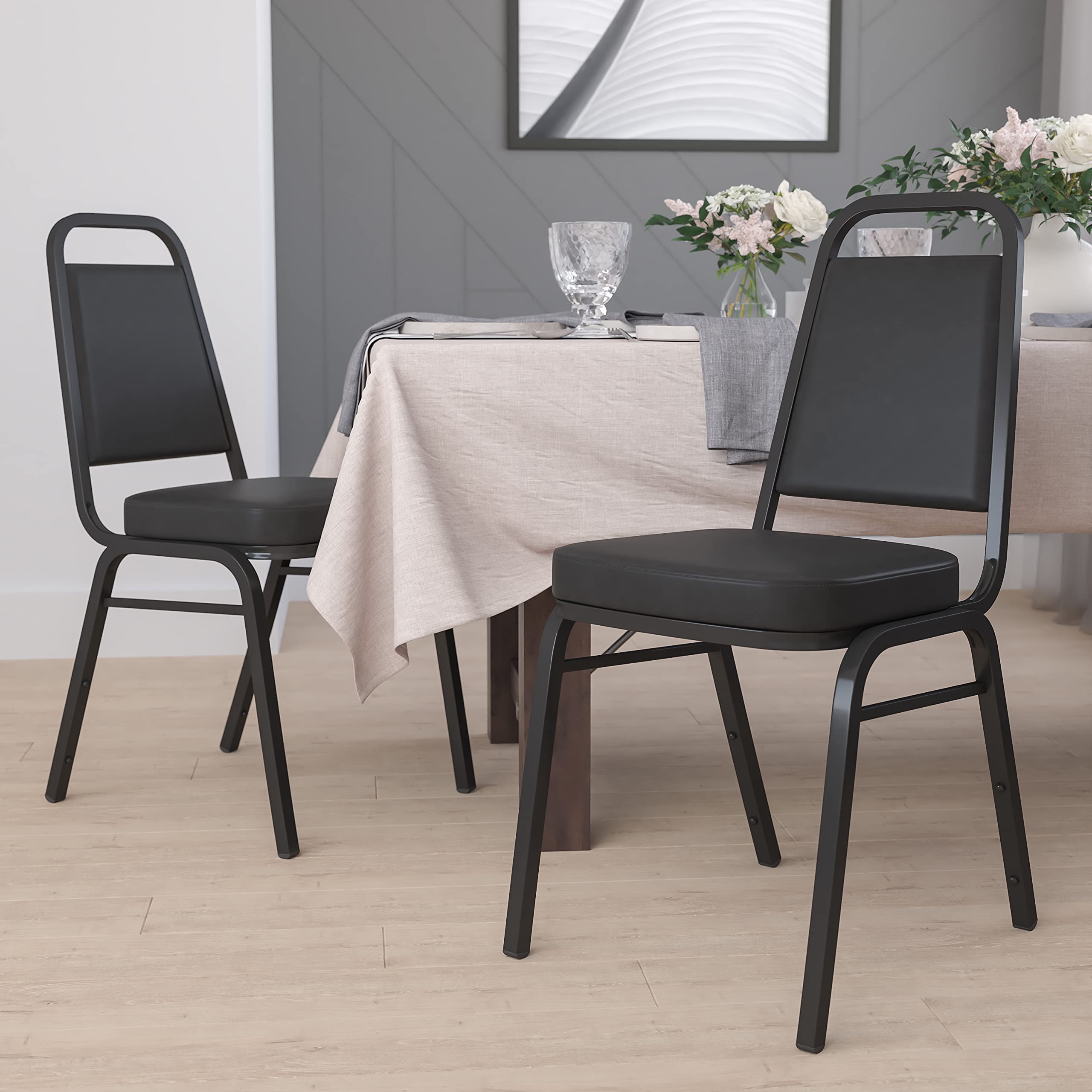 BizChair 4 Pack Trapezoidal Back Stacking Banquet Chair in Black Vinyl with 2.5" Thick Seat