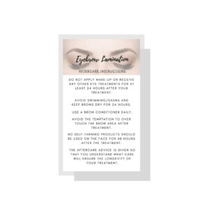 eyebrow lamination aftercare instruction cards | physical printed 2 x 3.5” inches business card size | white with brow photo design | starter lift kit with tint at home diy aftercare supplies