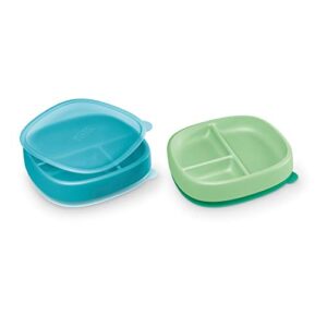 nuk suction plates and lid, assorted colors, 2 pack, 6+ months, blue & green