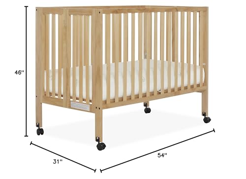 Dream On Me Quinn Full-Size Folding Crib in Natural, Removeable Wheels, Modern Nursey, Adjustable Mattress Support, Portable Crib, Patented Folding System