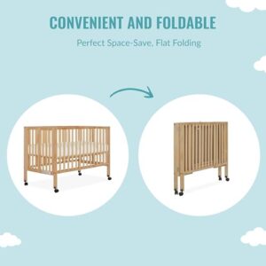 Dream On Me Quinn Full-Size Folding Crib in Natural, Removeable Wheels, Modern Nursey, Adjustable Mattress Support, Portable Crib, Patented Folding System