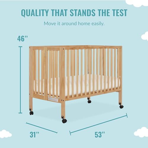 Dream On Me Quinn Full-Size Folding Crib in Natural, Removeable Wheels, Modern Nursey, Adjustable Mattress Support, Portable Crib, Patented Folding System