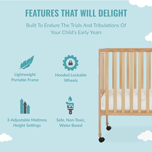 Dream On Me Quinn Full-Size Folding Crib in Natural, Removeable Wheels, Modern Nursey, Adjustable Mattress Support, Portable Crib, Patented Folding System