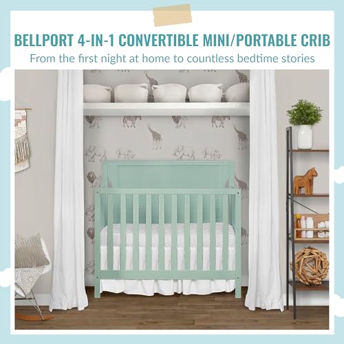 Dream On Me Bellport 4 in 1 Convertible Mini/Portable Crib in Light Seafoam Green, Non-Toxic Finish, Made of Sustainable New Zealand Pinewood, with 3 Mattress Height Settings