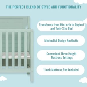 Dream On Me Bellport 4 in 1 Convertible Mini/Portable Crib in Light Seafoam Green, Non-Toxic Finish, Made of Sustainable New Zealand Pinewood, with 3 Mattress Height Settings