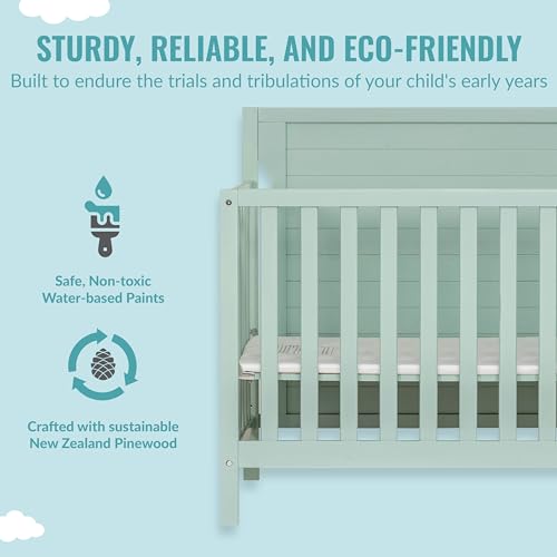 Dream On Me Bellport 4 in 1 Convertible Mini/Portable Crib in Light Seafoam Green, Non-Toxic Finish, Made of Sustainable New Zealand Pinewood, with 3 Mattress Height Settings