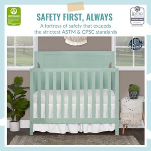 Dream On Me Bellport 4 in 1 Convertible Mini/Portable Crib in Light Seafoam Green, Non-Toxic Finish, Made of Sustainable New Zealand Pinewood, with 3 Mattress Height Settings