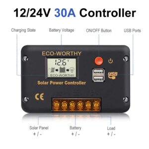 ECO-WORTHY 30A Solar Charger Controller Solar Panel Battery Intelligent Regulator with Dual USB Port Auto 12/24V PWM Positive Ground…