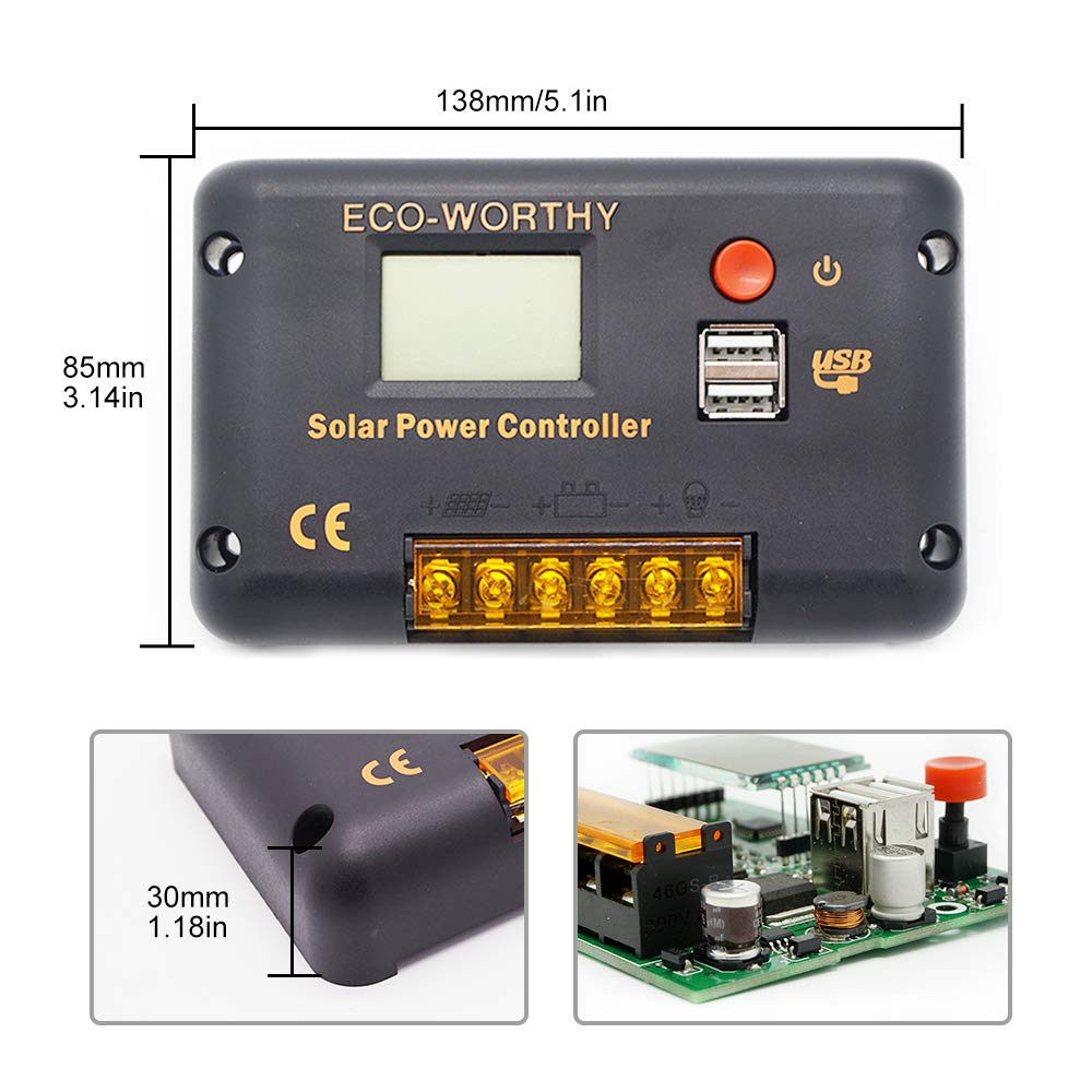 ECO-WORTHY 30A Solar Charger Controller Solar Panel Battery Intelligent Regulator with Dual USB Port Auto 12/24V PWM Positive Ground…