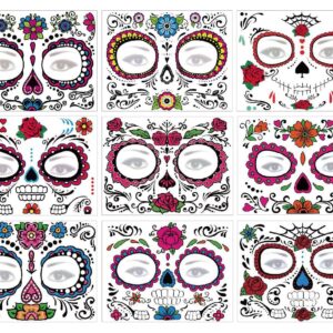 Day of Dead Face Tattoos, 6-Sheet Sugar Skull Tattoos Temporary Stickers and 3-Sheet Fake Floral Black Skeleton Web Full Face Mask Tattoo for Women Girls Kids Holloween Face Makeup