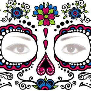 Day of Dead Face Tattoos, 6-Sheet Sugar Skull Tattoos Temporary Stickers and 3-Sheet Fake Floral Black Skeleton Web Full Face Mask Tattoo for Women Girls Kids Holloween Face Makeup