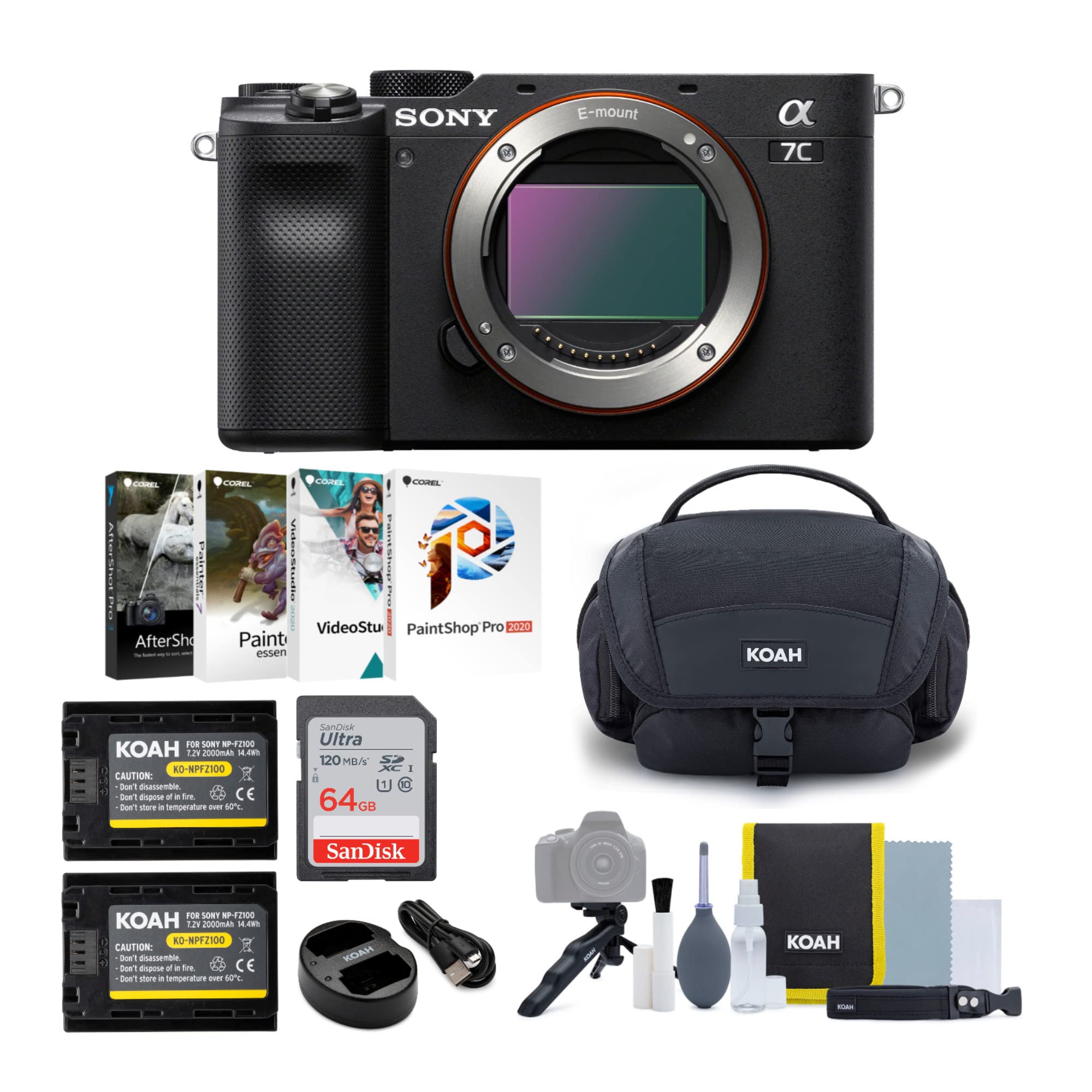 Sony Alpha a7C Full-Frame Compact Mirrorless Camera Body (Black) Bundle with Battery and Dual Charger (2-Pack),Gadget Bag with Accessory and Cleaning Kit, Software Suite and Memory Card (5 Items)