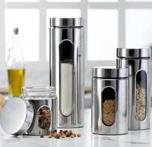 quality 4pc stainless steel canister set for kitchen counter with glass window & airtight lids, food storage containers, pantry storage & organization set for coffee, flour, pasta, rice, spices, herbs