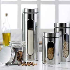 Quality 4pc Stainless Steel Canister Set for Kitchen Counter with Glass Window & Airtight Lids, Food Storage Containers, Pantry Storage & Organization Set for Coffee, Flour, Pasta, Rice, Spices, Herbs