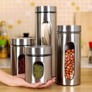 Quality 4pc Stainless Steel Canister Set for Kitchen Counter with Glass Window & Airtight Lids, Food Storage Containers, Pantry Storage & Organization Set for Coffee, Flour, Pasta, Rice, Spices, Herbs