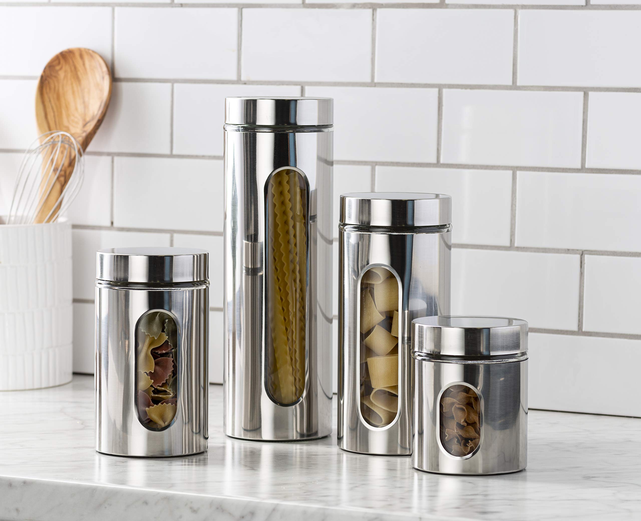 Quality 4pc Stainless Steel Canister Set for Kitchen Counter with Glass Window & Airtight Lids, Food Storage Containers, Pantry Storage & Organization Set for Coffee, Flour, Pasta, Rice, Spices, Herbs