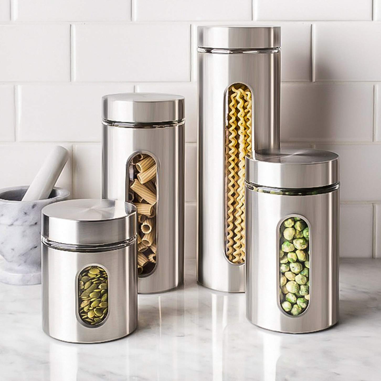 Quality 4pc Stainless Steel Canister Set for Kitchen Counter with Glass Window & Airtight Lids, Food Storage Containers, Pantry Storage & Organization Set for Coffee, Flour, Pasta, Rice, Spices, Herbs