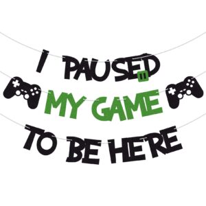purp pie i paused my game to be here banner glitter gamer theme party decoration sign kids children boys video game birthday parties supplies