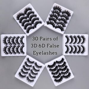 30 Pairs of 3D 6D False Eyelashes Kit Dramatic Soft Thick Handmade False Eyelashes with 6 Kinds Different Density for Women and Girls Natural Look