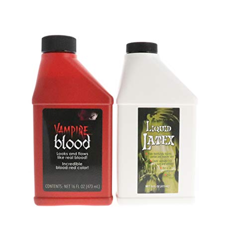 Fake Blood and Liquid Latex 16 Oz - Combo Kit - for Adults and Kids, Vampire Blood, Ideal for Artwork, Theater and Cosplays, 2 Full Pints