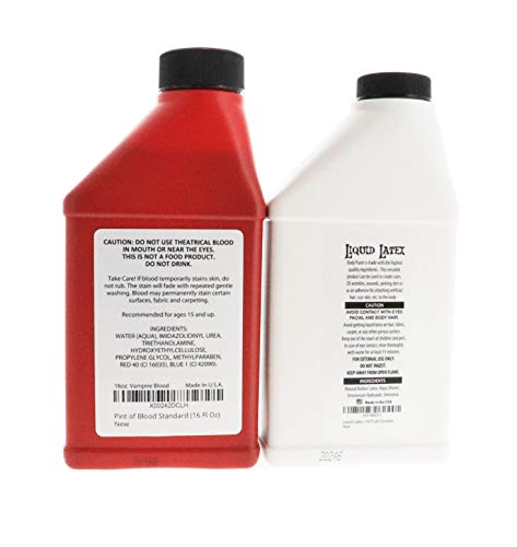 Fake Blood and Liquid Latex 16 Oz - Combo Kit - for Adults and Kids, Vampire Blood, Ideal for Artwork, Theater and Cosplays, 2 Full Pints