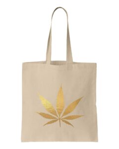 tcombo gold marijuana leaf - weed stoner pothead reusable grocery tote bag (natural)