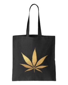tcombo gold marijuana leaf - weed stoner pothead reusable grocery tote bag (black)