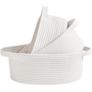 r runka white storage basket set of 3, soft woven cotton rope shelf baskets with handles,organizer basket sets for laundry, toys, books and towels