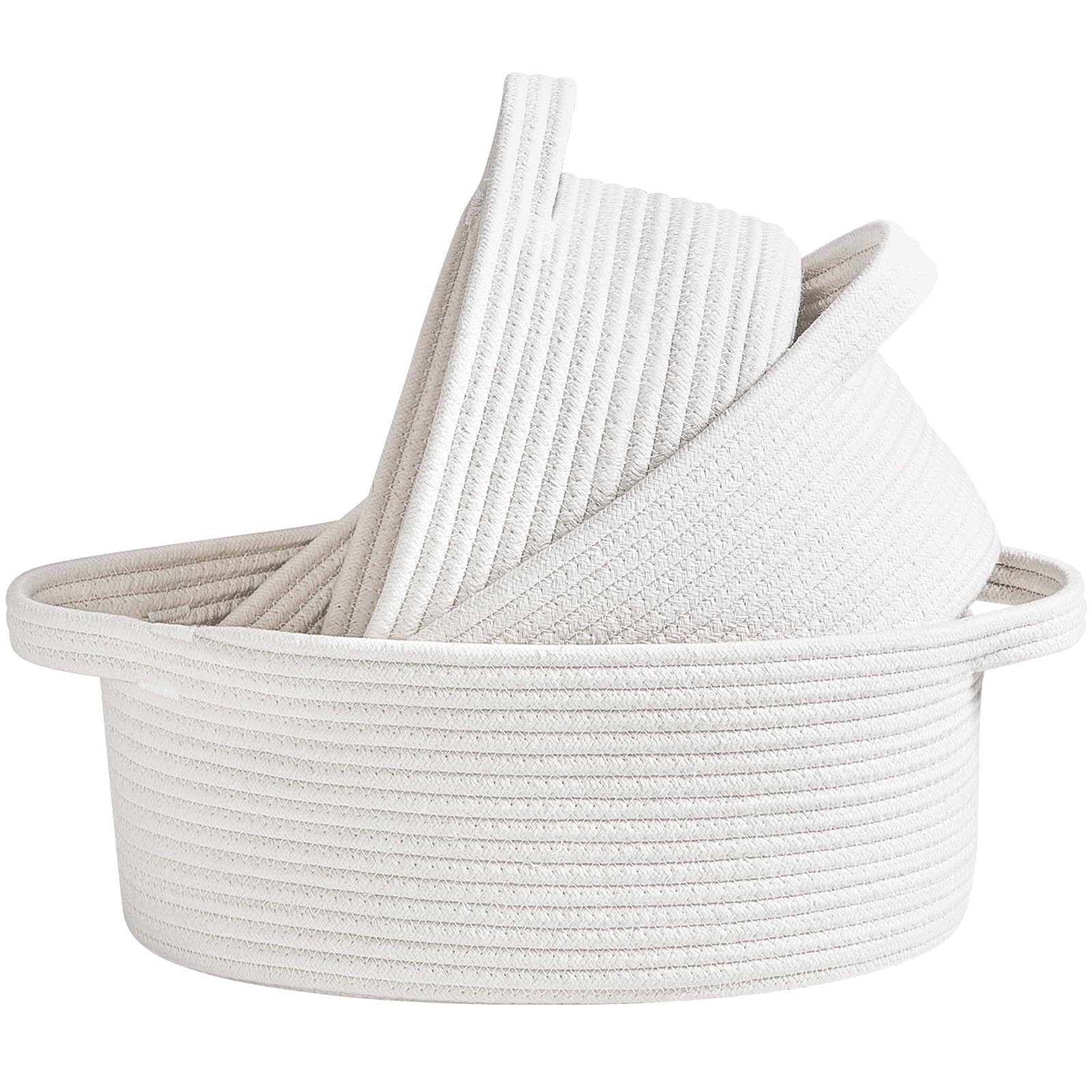 R RUNKA White Storage Basket Set of 3, Soft Woven Cotton Rope Shelf Baskets with Handles,Organizer Basket Sets for Laundry, Toys, Books and Towels