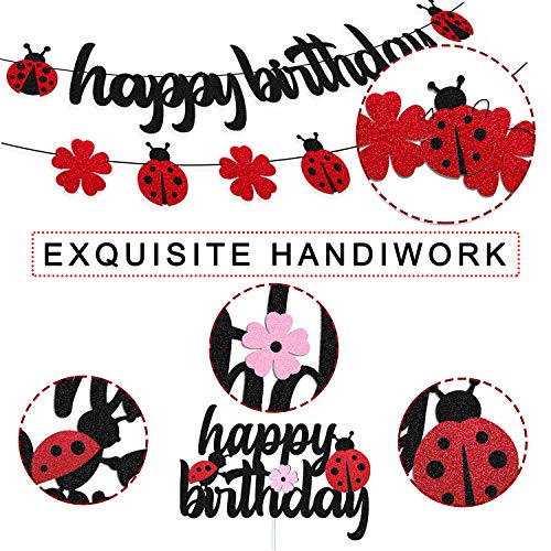 Ohiviaaa Ladybug Birthday Decorations Ladybird Happy Birthday Banner Ladybeetle Cake Topper Black Red Latex Balloon Pom Pom Flowers for Ladybug Theme Bday Party Supplies