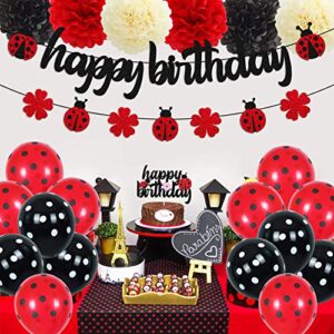 Ohiviaaa Ladybug Birthday Decorations Ladybird Happy Birthday Banner Ladybeetle Cake Topper Black Red Latex Balloon Pom Pom Flowers for Ladybug Theme Bday Party Supplies